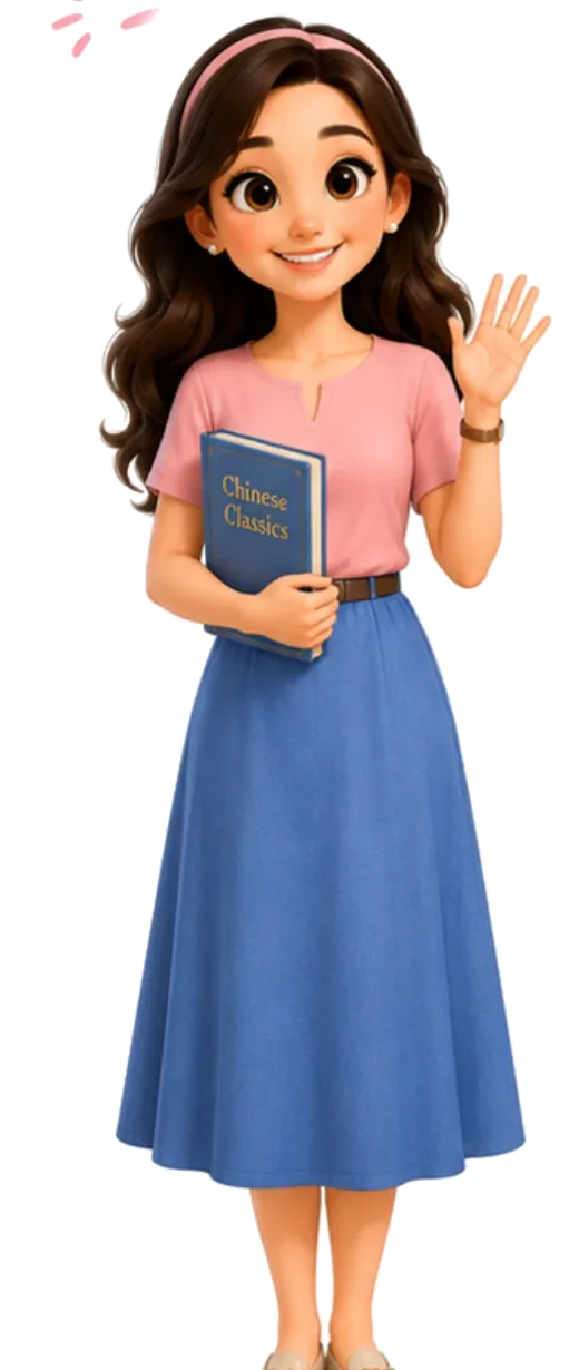 Miss Lili holding a Chinese Classics book and waving
